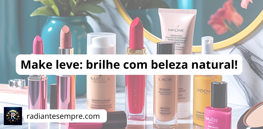 Maquiagem Leve Sua Beleza Radiante Todo Dia Seleção de produtos de maquiagem leve para o dia a dia, incluindo batons, base, iluminador e esmalte, dispostos sobre uma superfície reflexiva. A legenda na imagem diz: "Make leve: brilhe com beleza natural!"